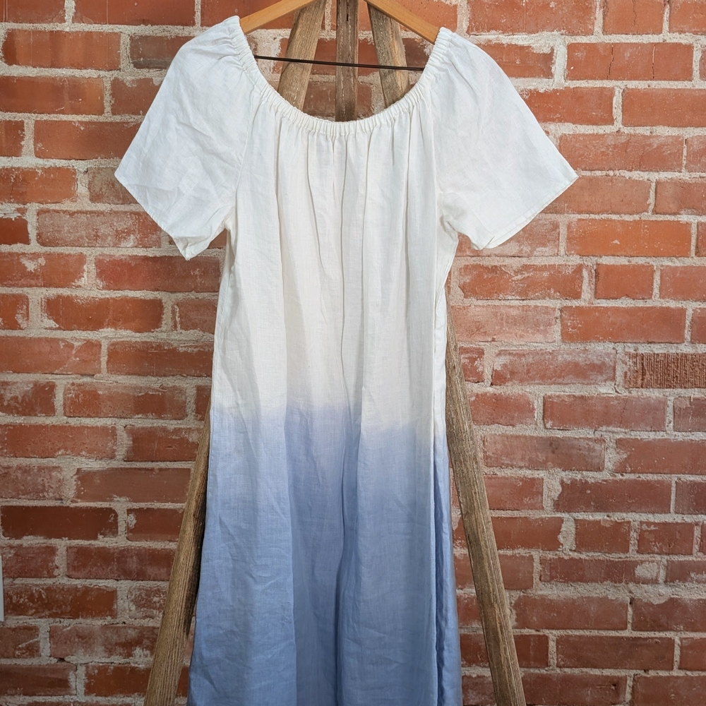 XCVI White and Blue Maxi Dress Linen Off The Shoulder Or On